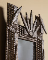 Silver Painted Tramp Art Mirror with Leaf Crest, Late 19th Century - Lone Fox