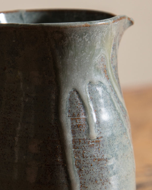 Small Blue Drippy Glaze Studio Pottery Pitcher, Signed - Lone Fox