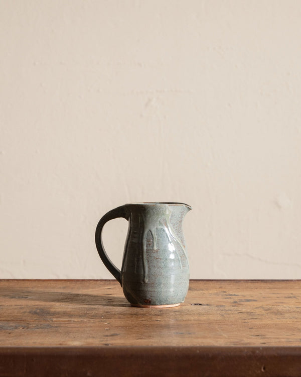 Small Blue Drippy Glaze Studio Pottery Pitcher, Signed - Lone Fox