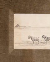 Small European Coastal Landscape & Horses Pencil Sketch, 1980's - Lone Fox