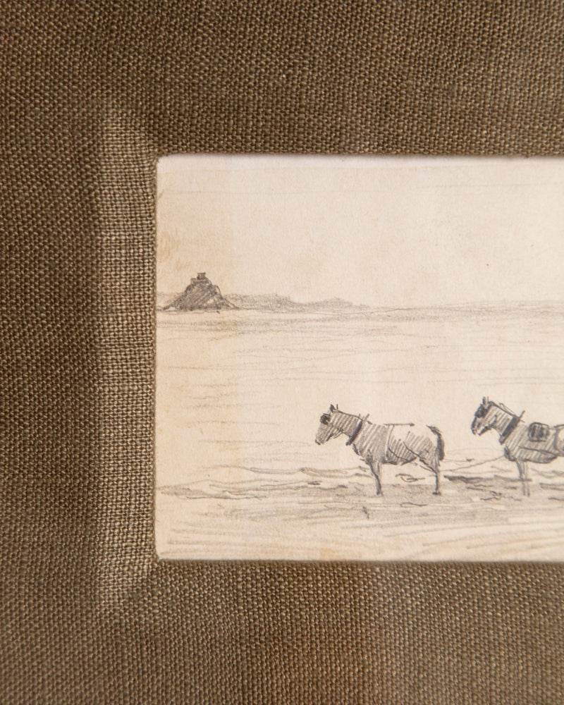 Small European Coastal Landscape & Horses Pencil Sketch, 1980's - Lone Fox