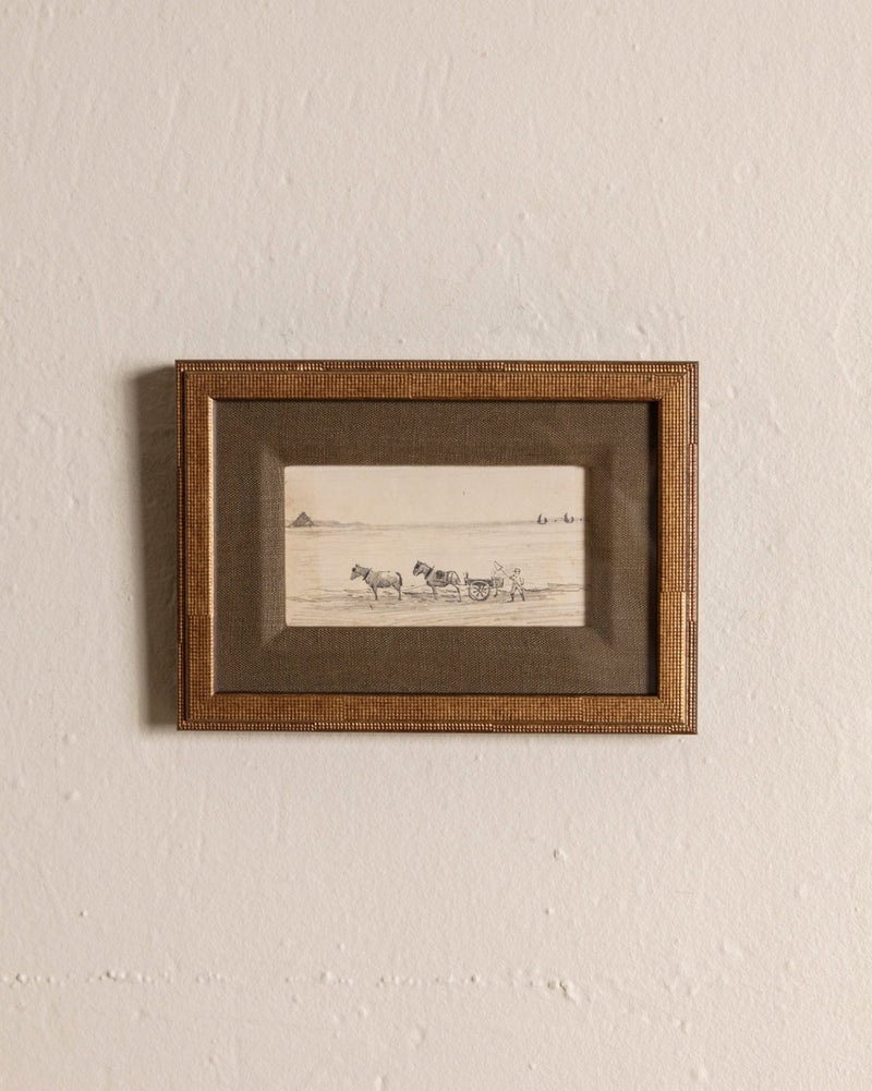 Small European Coastal Landscape & Horses Pencil Sketch, 1980's - Lone Fox