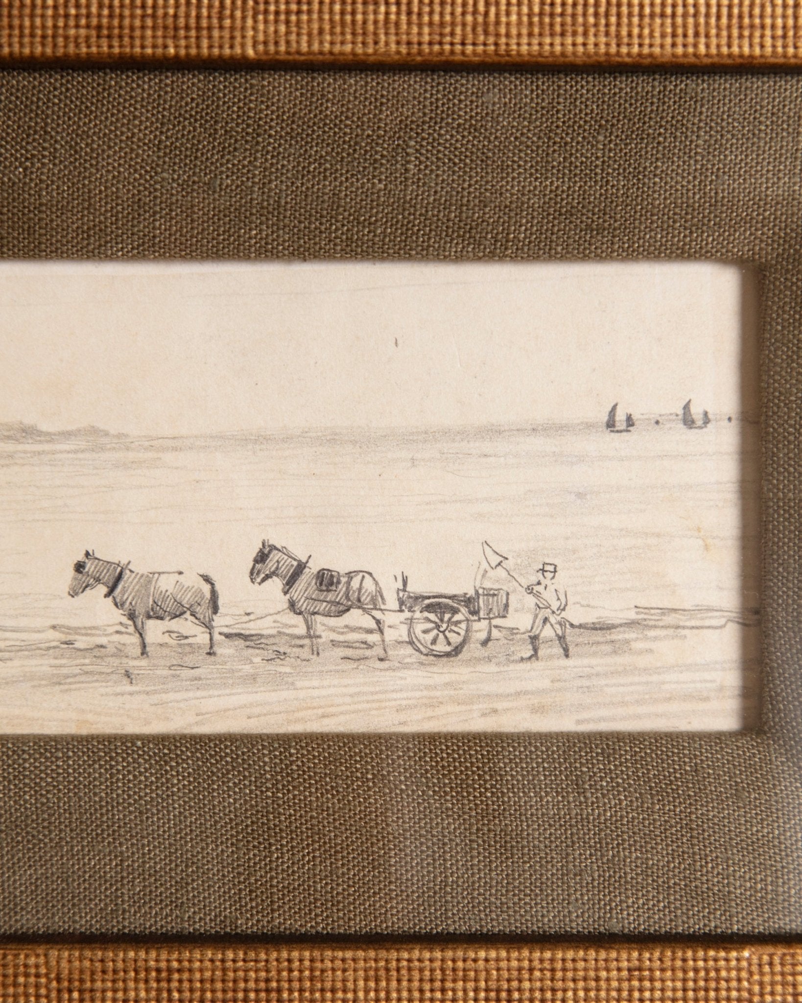 Small European Coastal Landscape & Horses Pencil Sketch, 1980's - Lone Fox