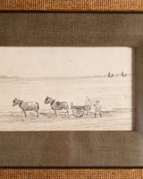 Small European Coastal Landscape & Horses Pencil Sketch, 1980's - Lone Fox