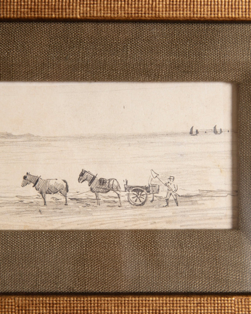 Small European Coastal Landscape & Horses Pencil Sketch, 1980's - Lone Fox