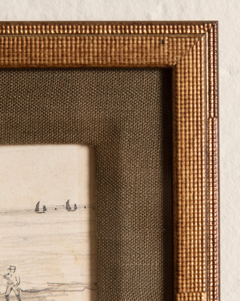 Small European Coastal Landscape & Horses Pencil Sketch, 1980's - Lone Fox