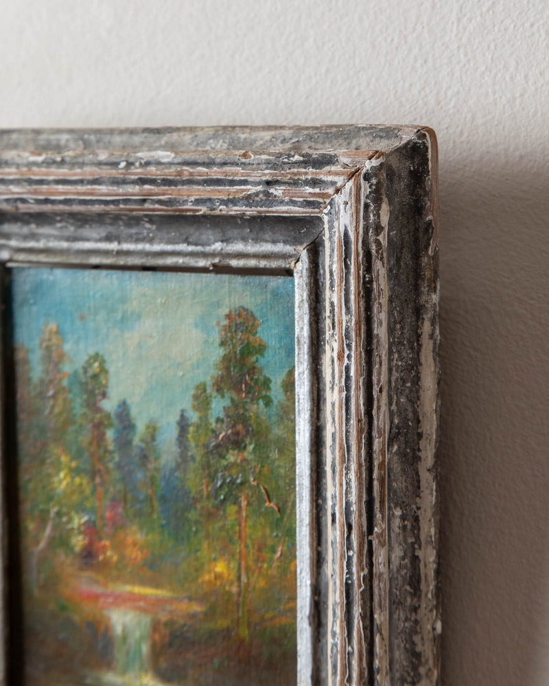 Small Forest Landscape Oil Painting in Chippy Frame - Lone Fox