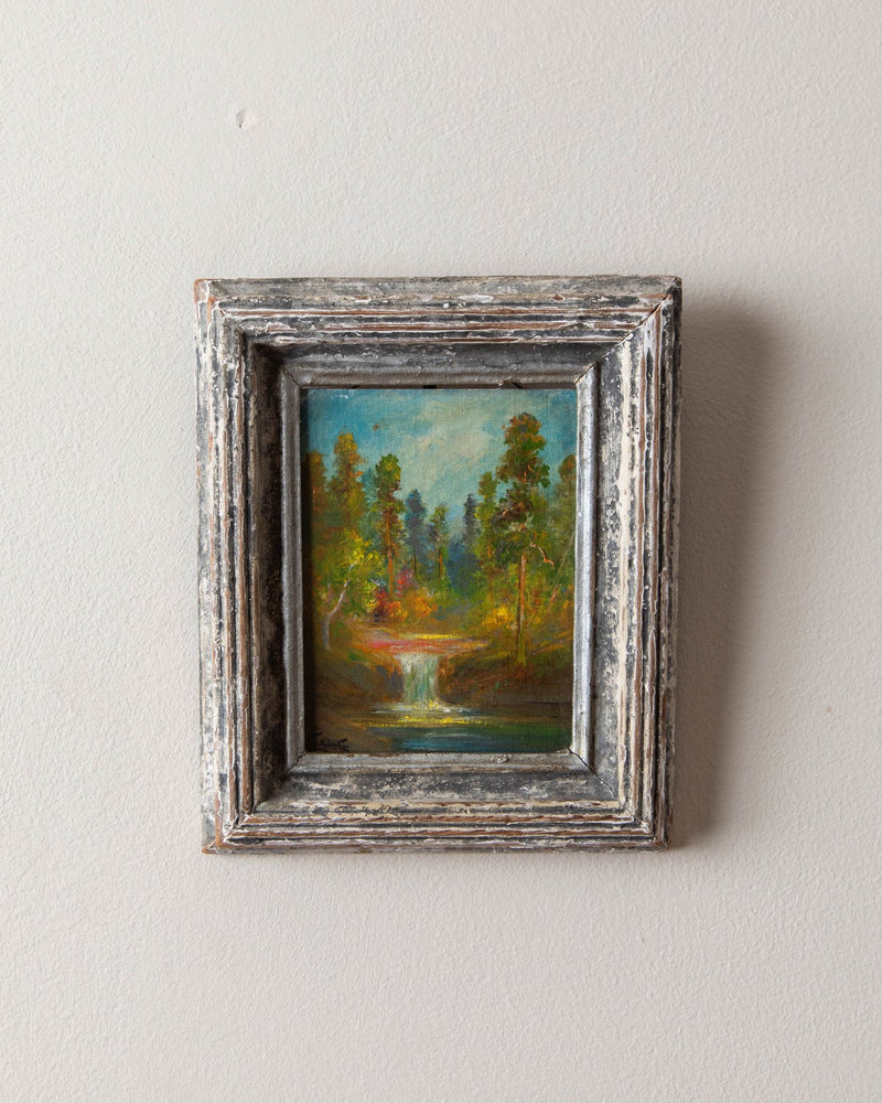 Small Forest Landscape Oil Painting in Chippy Frame - Lone Fox