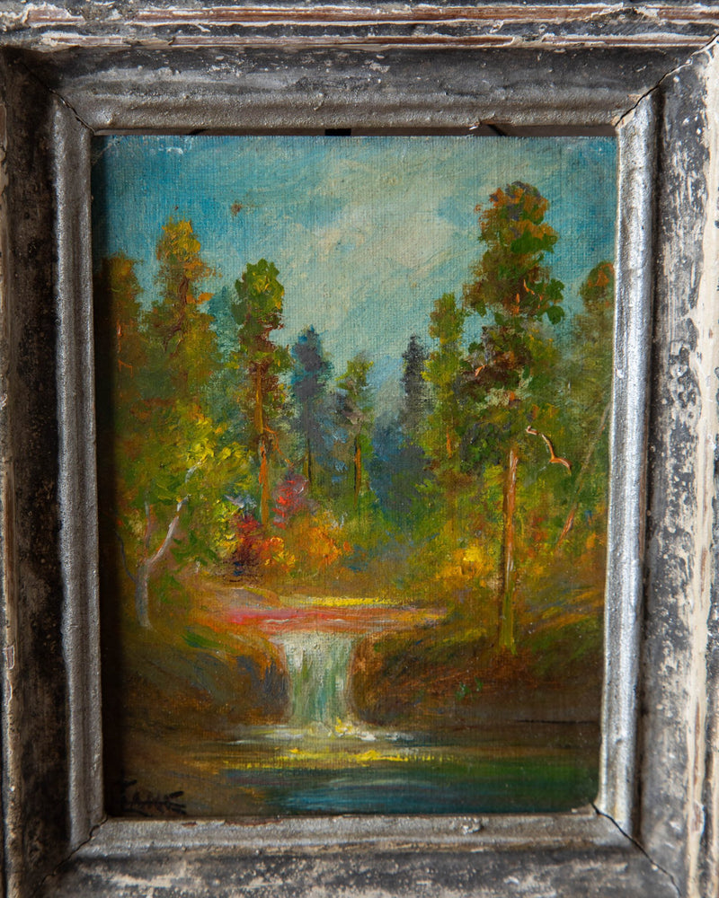 Small Forest Landscape Oil Painting in Chippy Frame - Lone Fox