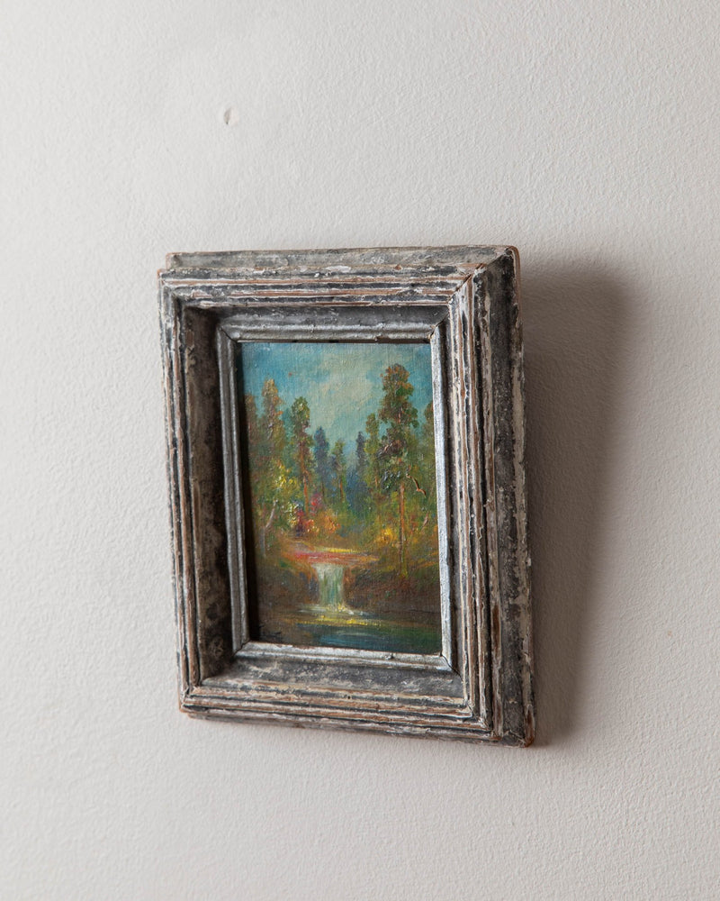 Small Forest Landscape Oil Painting in Chippy Frame - Lone Fox