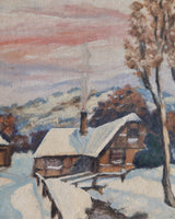 Snowy Alpine Village Landscape in Wood Frame, Signed 1955 - Lone Fox