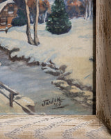 Snowy Alpine Village Landscape in Wood Frame, Signed 1955 - Lone Fox