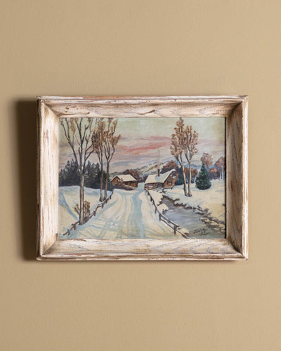 Snowy Alpine Village Landscape in Wood Frame, Signed 1955 - Lone Fox