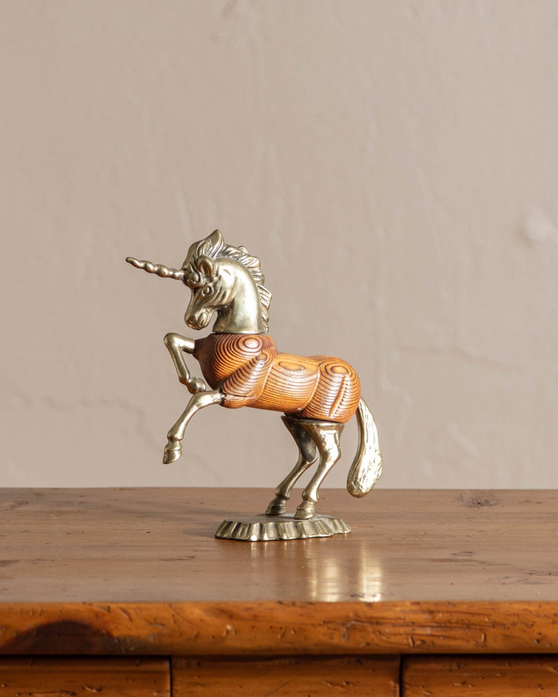 Solid Brass & Wood Unicorn Statue - Lone Fox