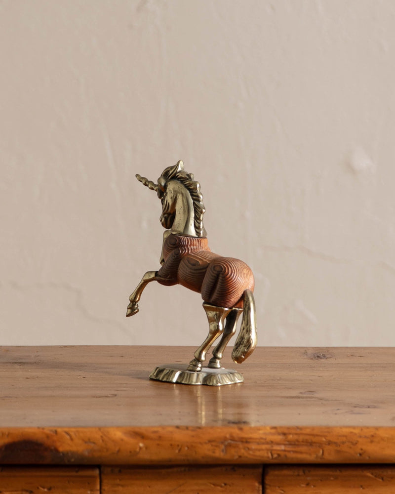 Solid Brass & Wood Unicorn Statue - Lone Fox