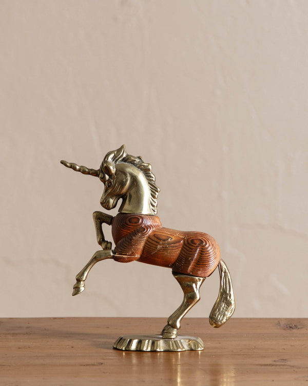 Solid Brass & Wood Unicorn Statue - Lone Fox