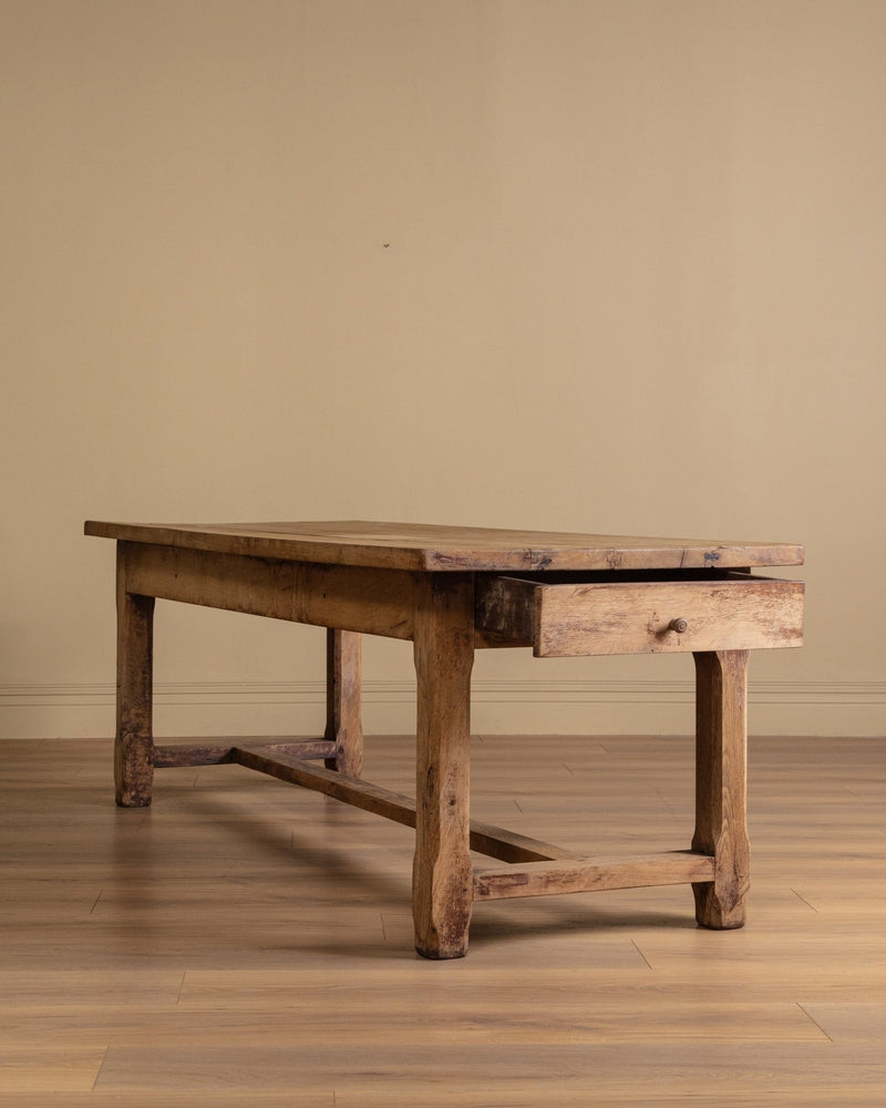 Solid Oak Farm Table with Chamfered Legs & Drawer, France, 19th