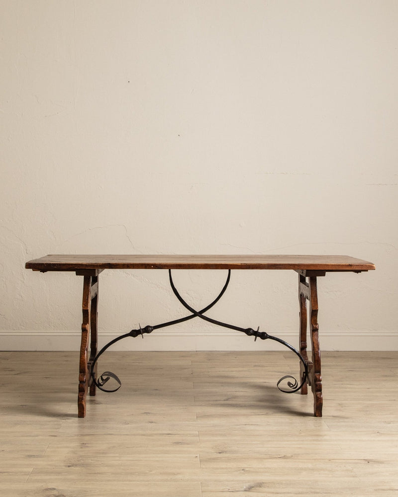 Spanish Carved Mahogany Dining Table w/ Iron Stretcher, Europe, 18th Century - Lone Fox