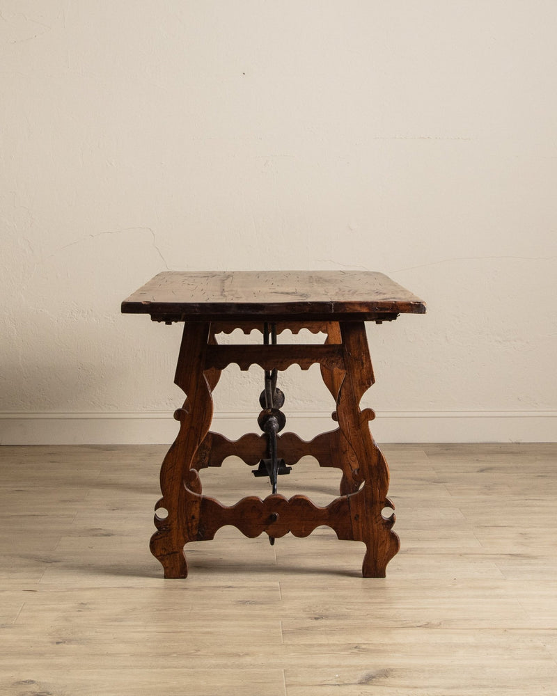 Spanish Carved Mahogany Dining Table w/ Iron Stretcher, Europe, 18th Century - Lone Fox