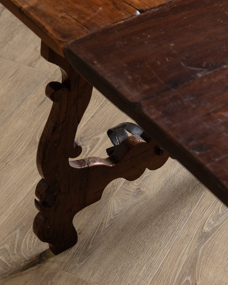 Spanish Carved Mahogany Dining Table w/ Iron Stretcher, Europe, 18th Century - Lone Fox