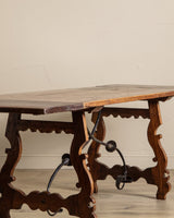 Spanish Carved Mahogany Dining Table w/ Iron Stretcher, Europe, 18th Century - Lone Fox
