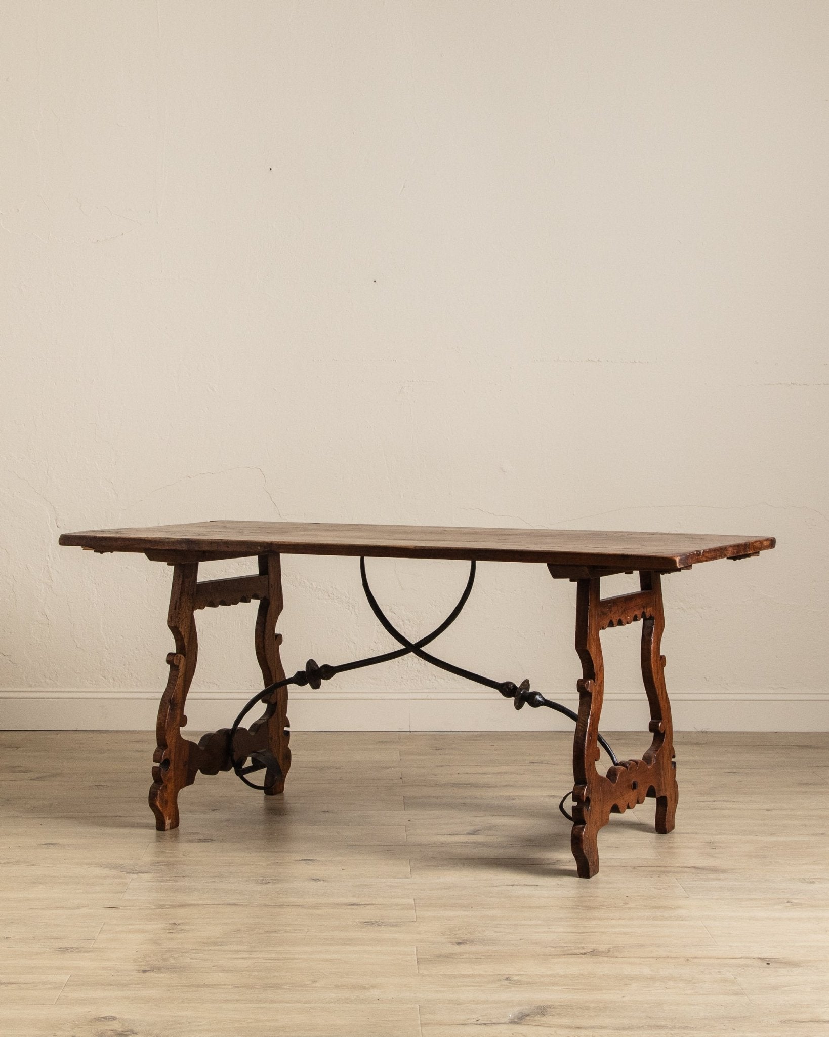 Spanish Carved Mahogany Dining Table w/ Iron Stretcher, Europe, 18th Century - Lone Fox