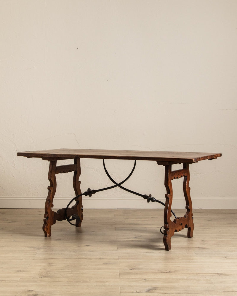 Spanish Carved Mahogany Dining Table w/ Iron Stretcher, Europe, 18th Century - Lone Fox