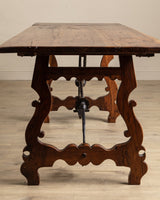 Spanish Carved Mahogany Dining Table w/ Iron Stretcher, Europe, 18th Century - Lone Fox