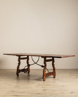 Spanish Carved Mahogany Dining Table w/ Iron Stretcher, Europe, 18th Century - Lone Fox