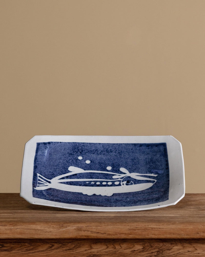 Studio Pottery Footed Cobalt Fish Tray, Signed, 1960's - Lone Fox