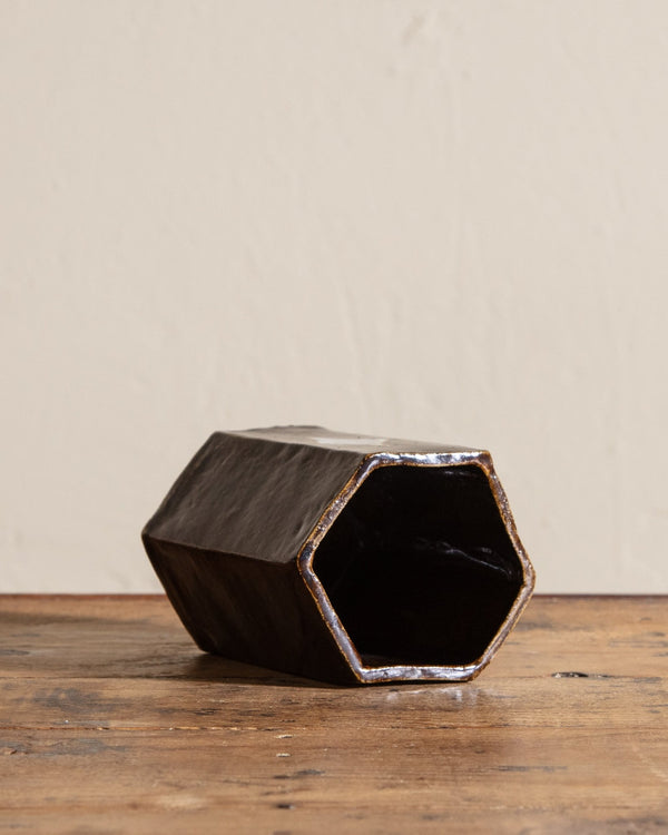 Studio Pottery Glazed Hexagon Vase, Signed - Lone Fox