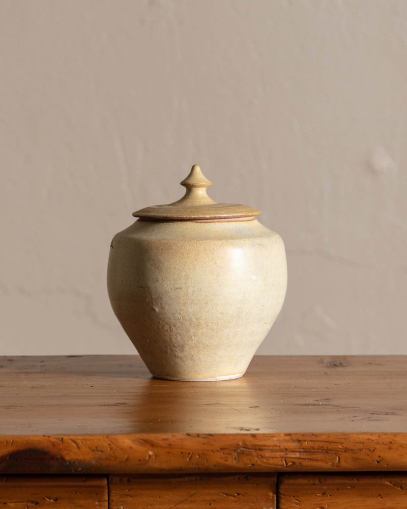 Studio Pottery Jar w/ Lid and Leaves, Signed - Lone Fox