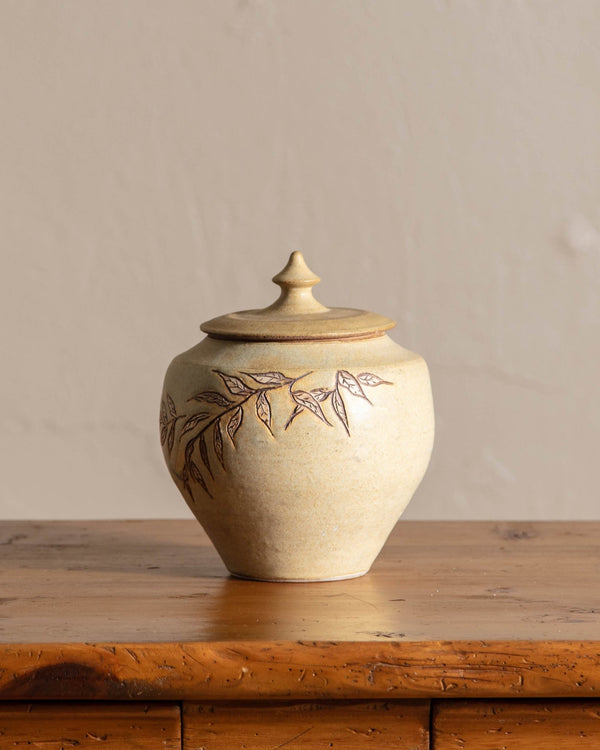 Studio Pottery Jar w/ Lid and Leaves, Signed - Lone Fox