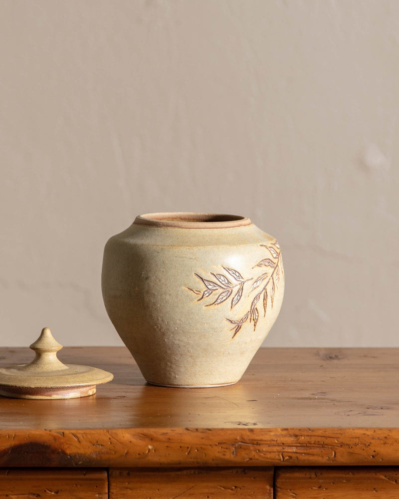 Studio Pottery Jar w/ Lid and Leaves, Signed - Lone Fox