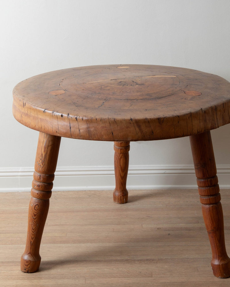 Substantial Round French Wood Table w/ Turned Pine Legs - Lone Fox