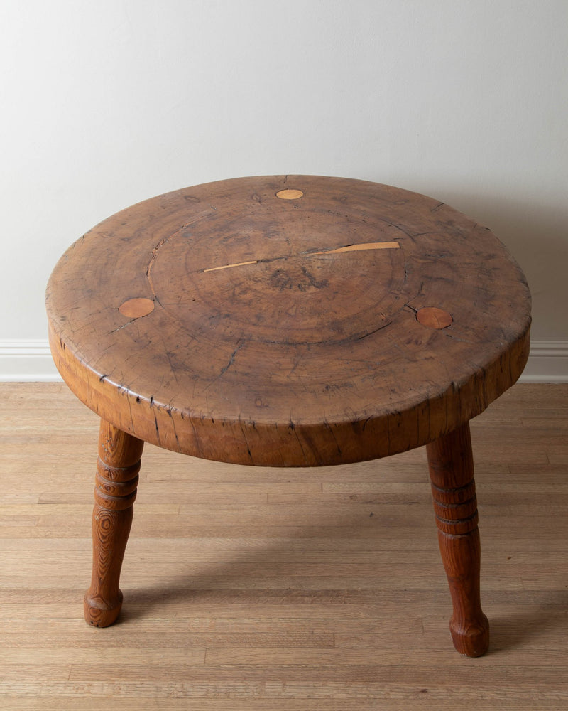 Substantial Round French Wood Table w/ Turned Pine Legs - Lone Fox