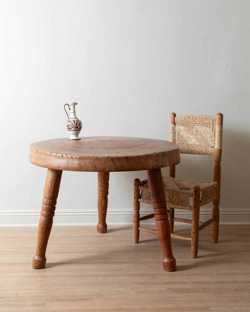 Substantial Round French Wood Table w/ Turned Pine Legs - Lone Fox