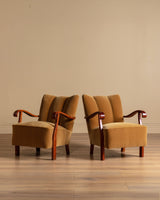 Swedish Ochre Mohair & Wood Lounge Chairs, 1940's (2 available) - Lone Fox