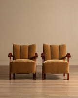 Swedish Ochre Mohair & Wood Lounge Chairs, 1940's (2 available) - Lone Fox