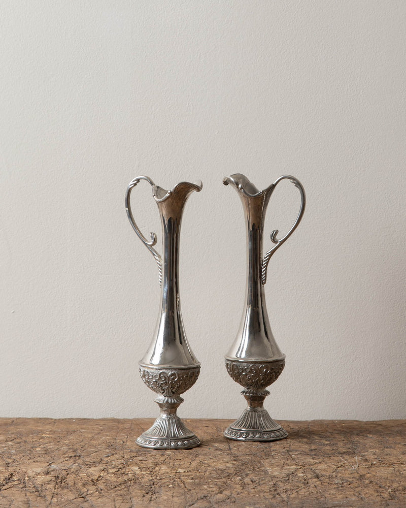 Tall Silver Toned Ewer Vases (Pair) - Lone Fox