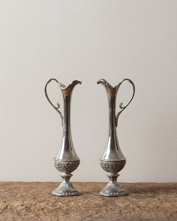 Tall Silver Toned Ewer Vases (Pair) - Lone Fox