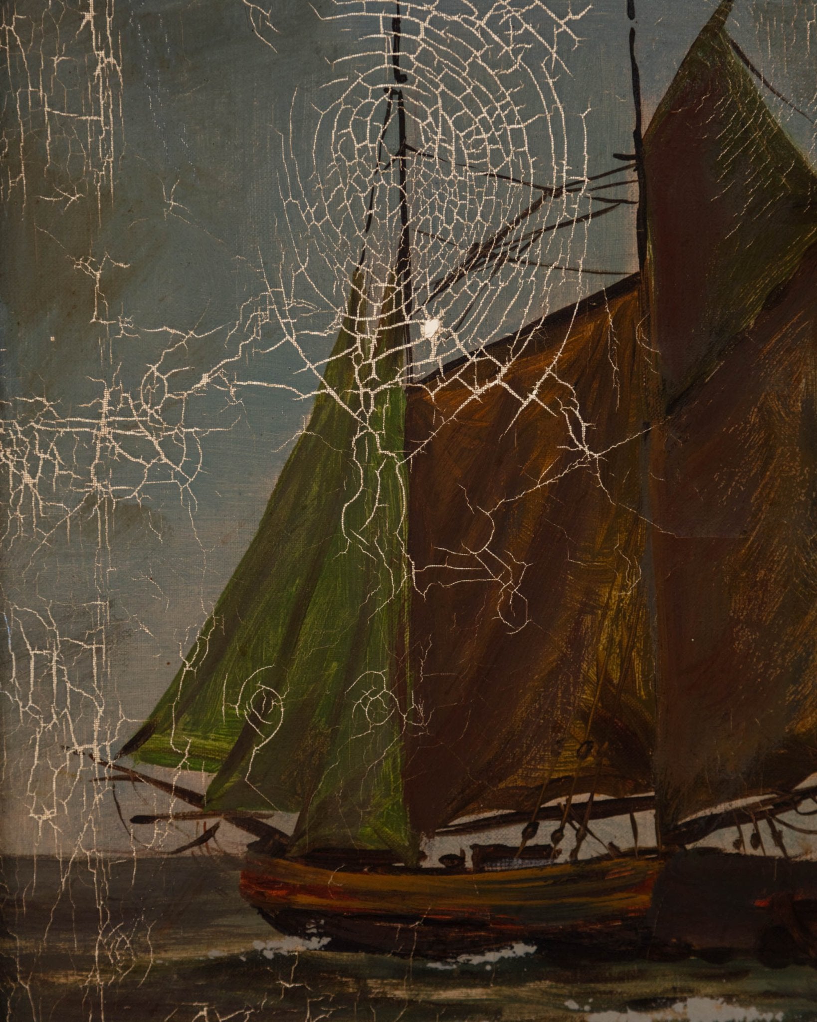 Tattered Sailboat Oil Painting, 1930's, Signed - Lone Fox