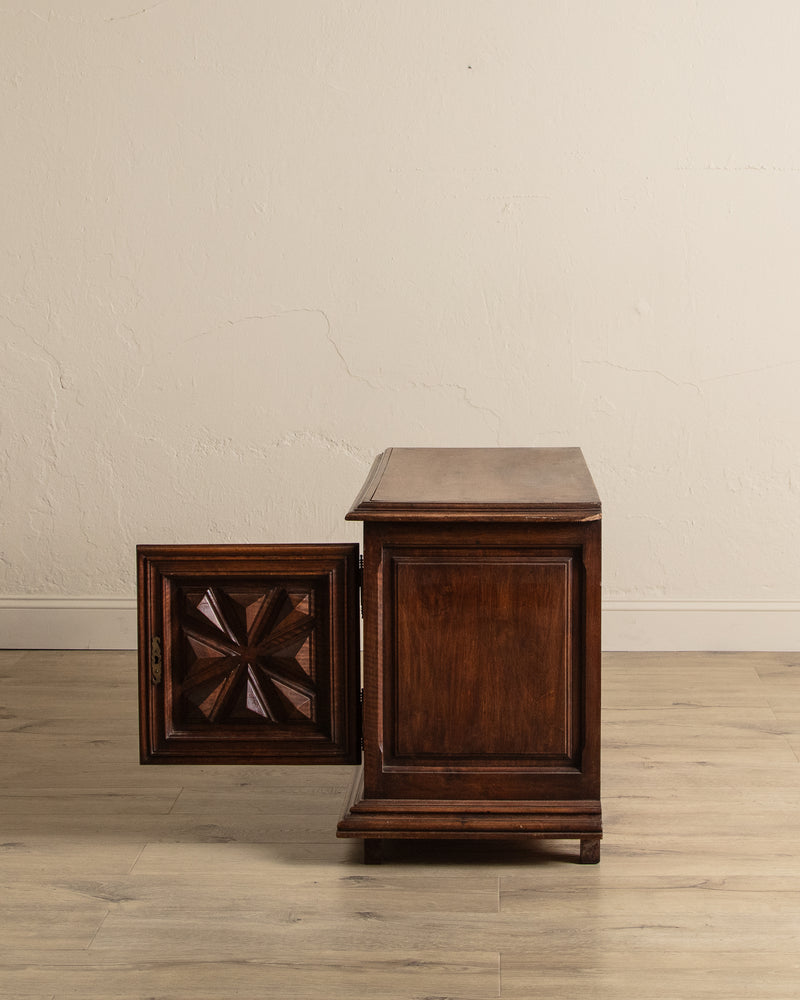 Low Walnut Carved Cabinet, France, 19th Century