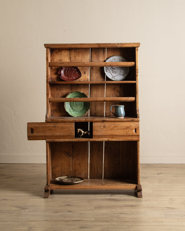 19th Century English Pine Stepback Cupboard w/ Plate Rack