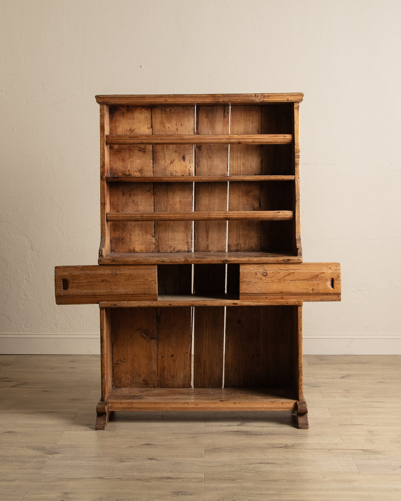 19th Century English Pine Stepback Cupboard w/ Plate Rack
