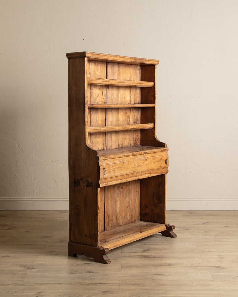 19th Century English Pine Stepback Cupboard w/ Plate Rack