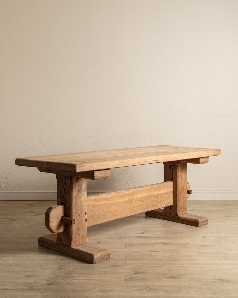 Monumental Raw Oak Brutalist Mortis & Tenon Dining Table, Europe, 1950's