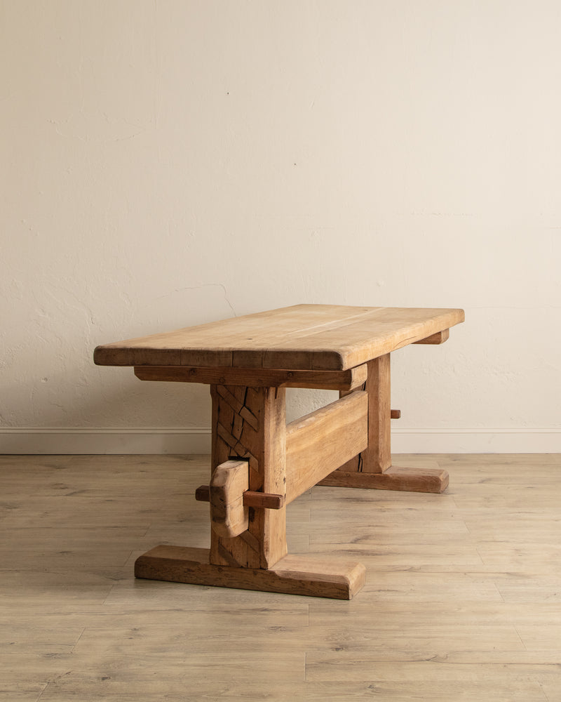 Monumental Raw Oak Brutalist Mortis & Tenon Dining Table, Europe, 1950's