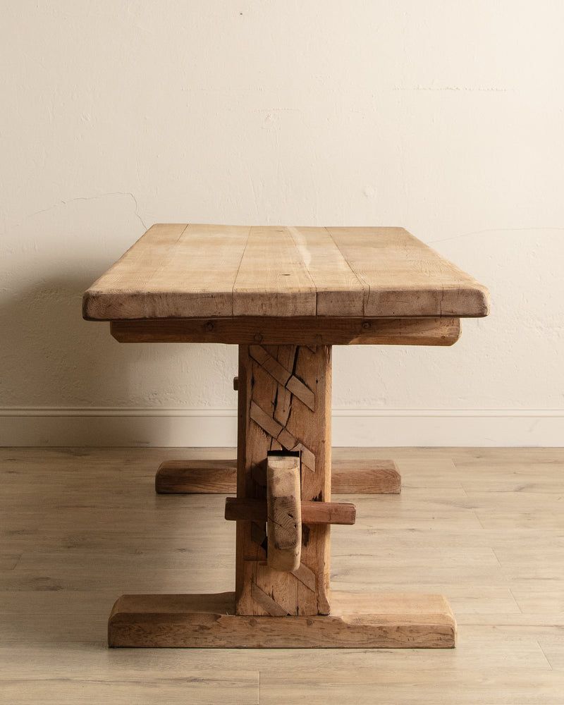 Monumental Raw Oak Brutalist Mortis & Tenon Dining Table, Europe, 1950's