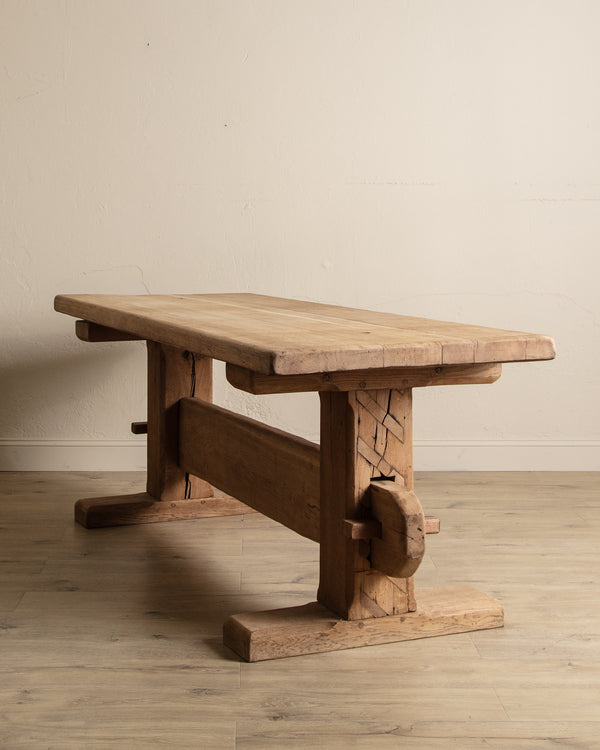 Monumental Raw Oak Brutalist Mortis & Tenon Dining Table, Europe, 1950's